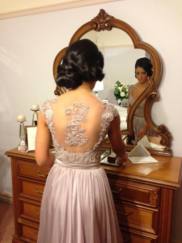 Wholesale V-Neck Chiffon Lace Sequins Beads Cap Sleeves Dress